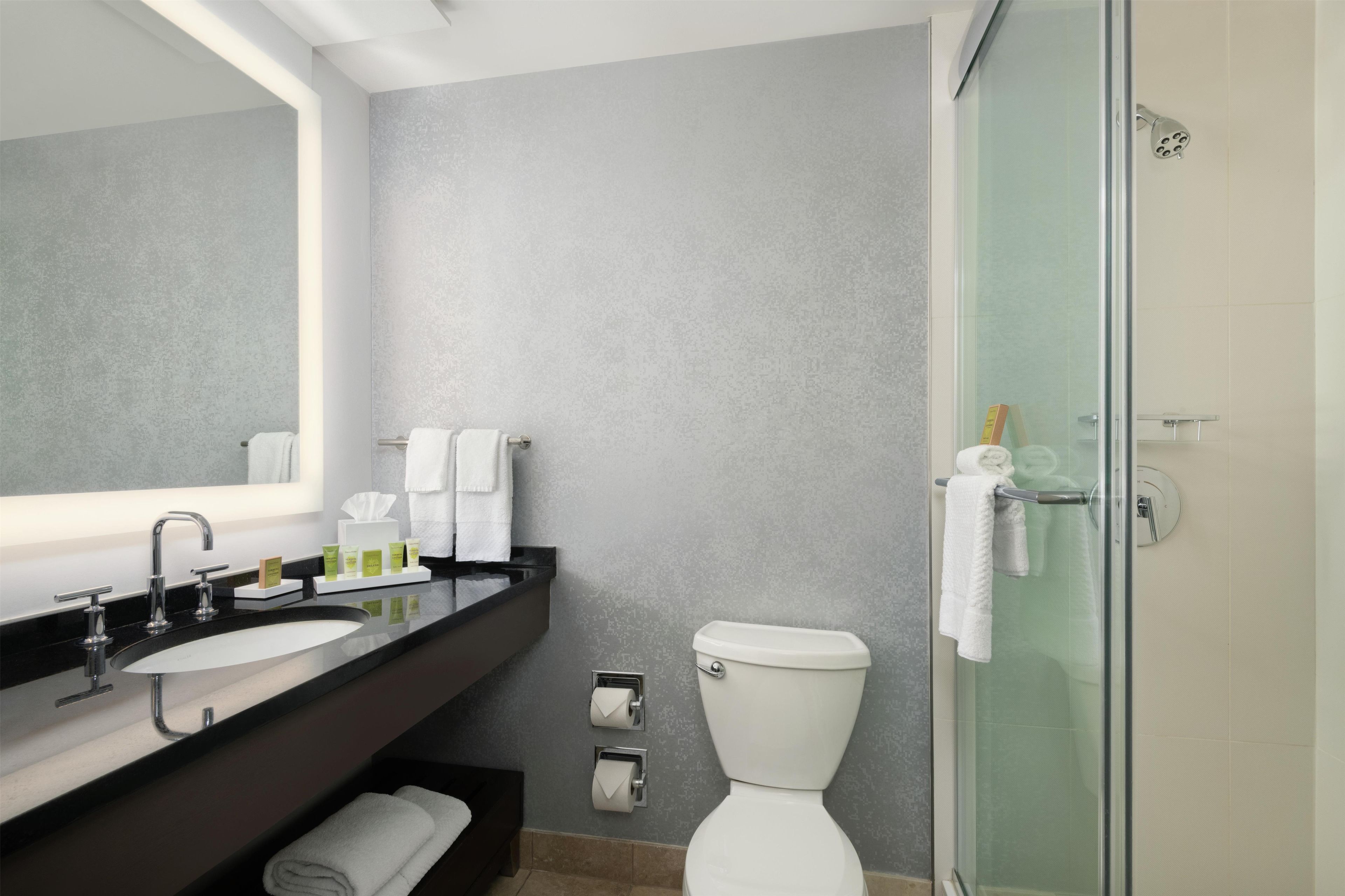A modern bathroom with a large mirror, dual sinks, a toilet, and a glass-enclosed shower.