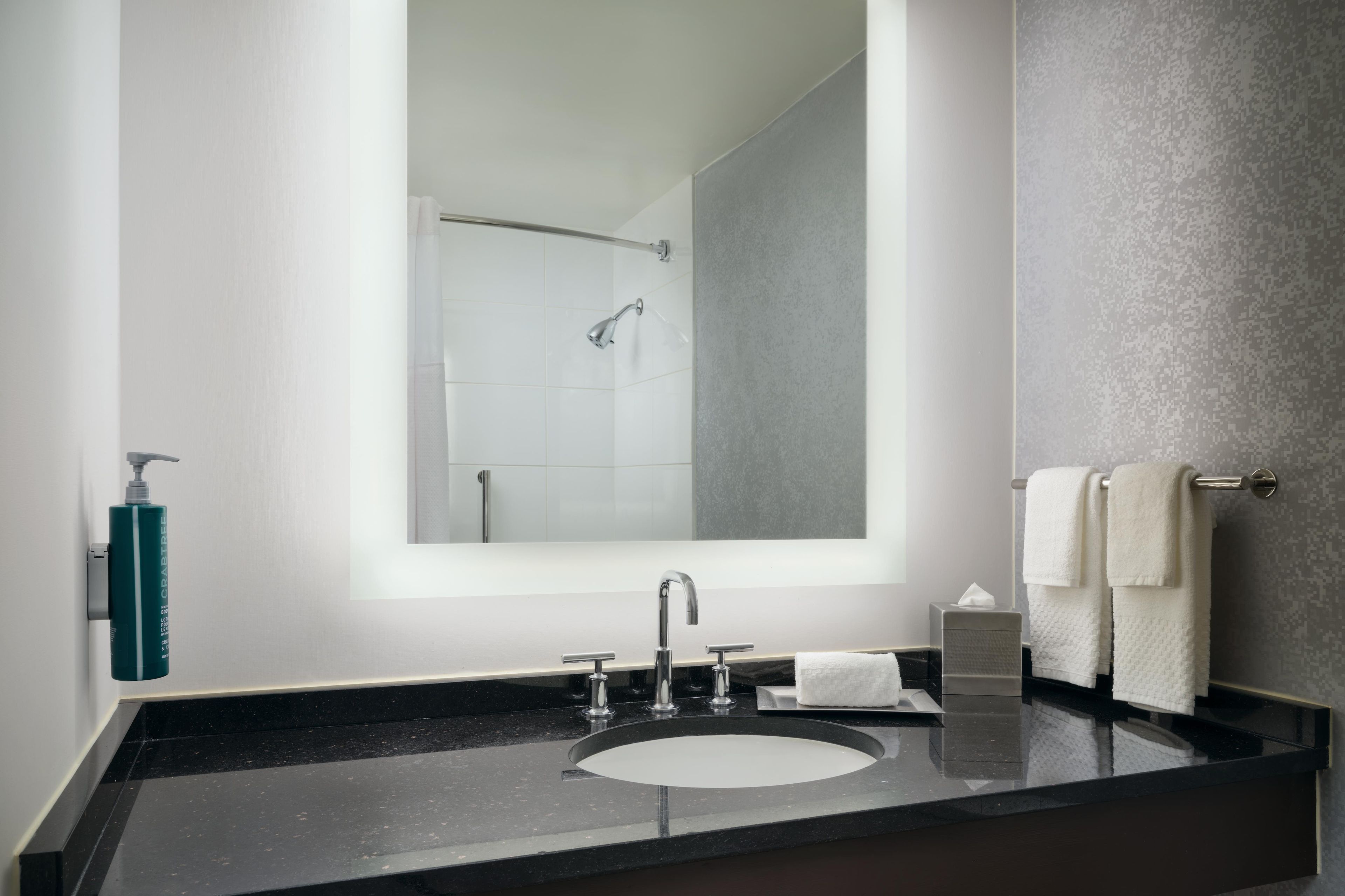 Un bagno moderno con uno specchio grande, un piano d'appoggio nero, un lavandino bianco, un soffione doccia a mano e un porta asciugamani.