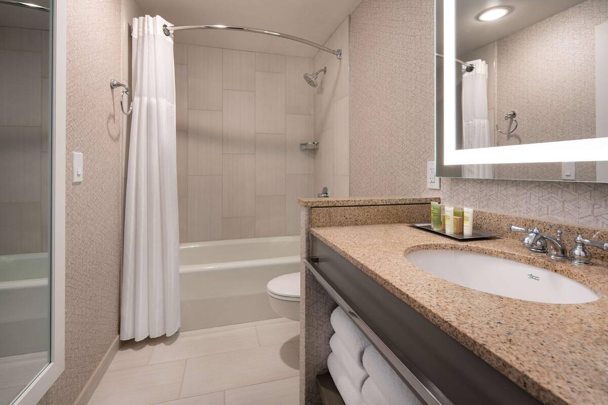 A modern bathroom with a shower, bathtub, and sink.