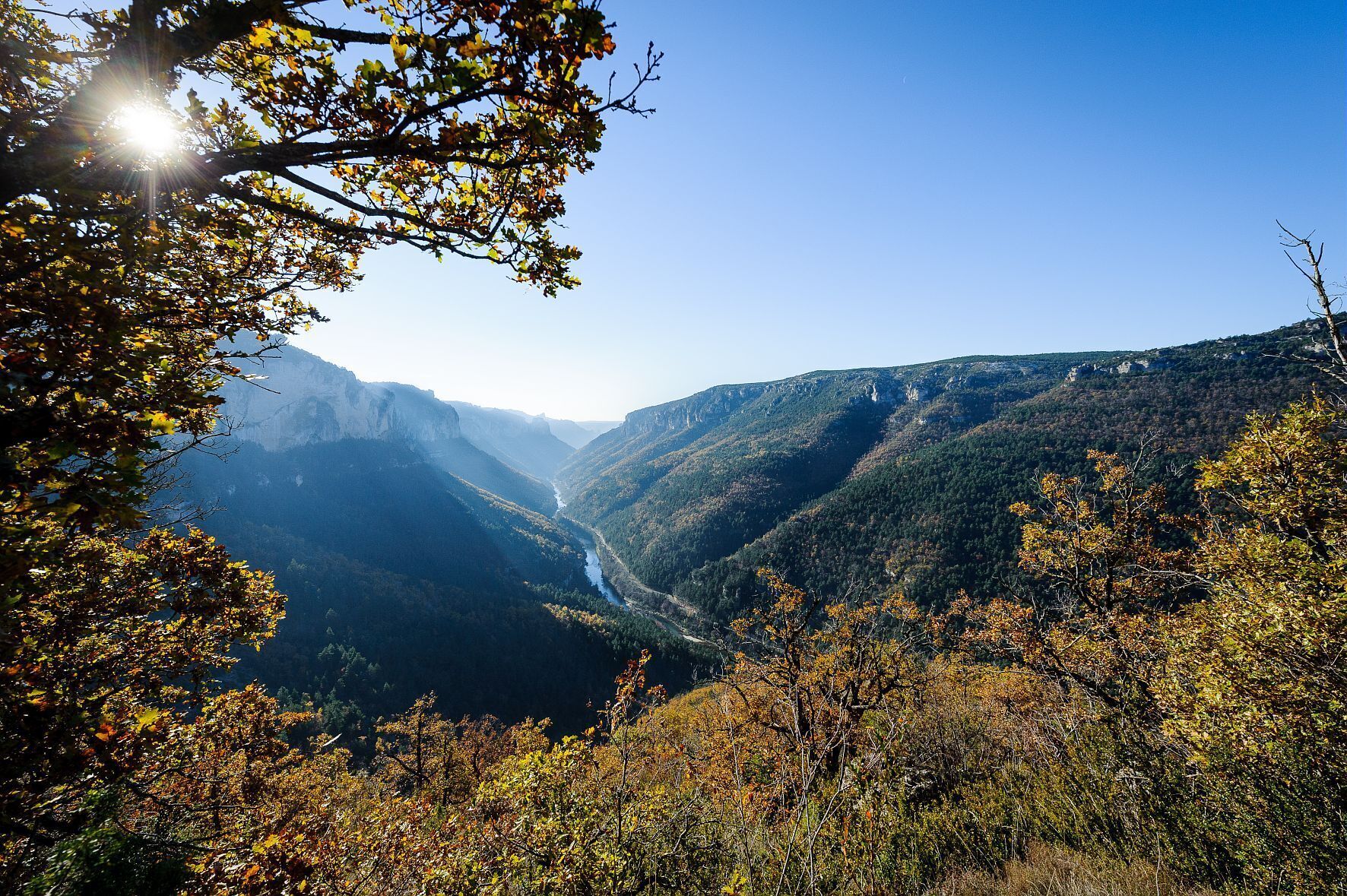 A mountainous landscape with a river valley and dense forest.