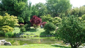 A serene garden with a pond, various trees, and a grassy area. - ibis Ales Centre Ville Hotel (Ales)