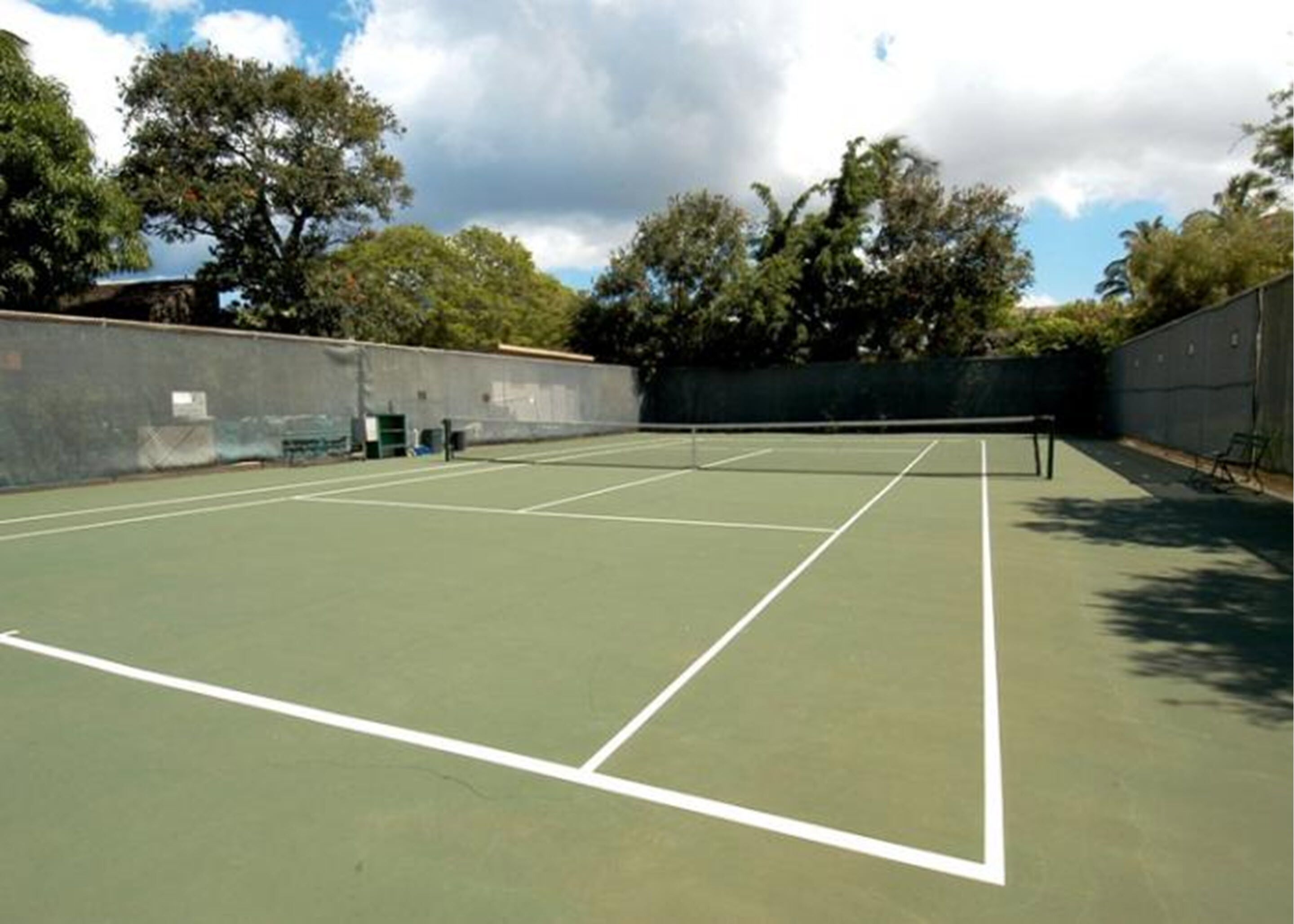 A tennis court with a net, surrounded by trees and a fence.