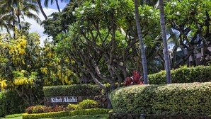 A well-maintained garden with a stone wall, lush greenery, and a sign reading "Kihei Akahi". - Kihei Akahi - Maui Condo & Home (Kihei)