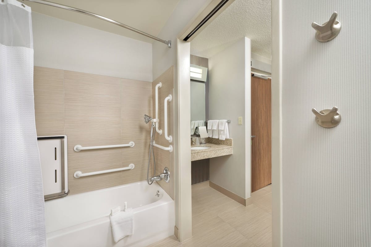 A modern bathroom with a bathtub, grab bars, a shower, and a vanity with a mirror.