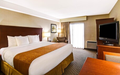 A hotel room with a large bed, a desk with a television, a chair, and a window with curtains.