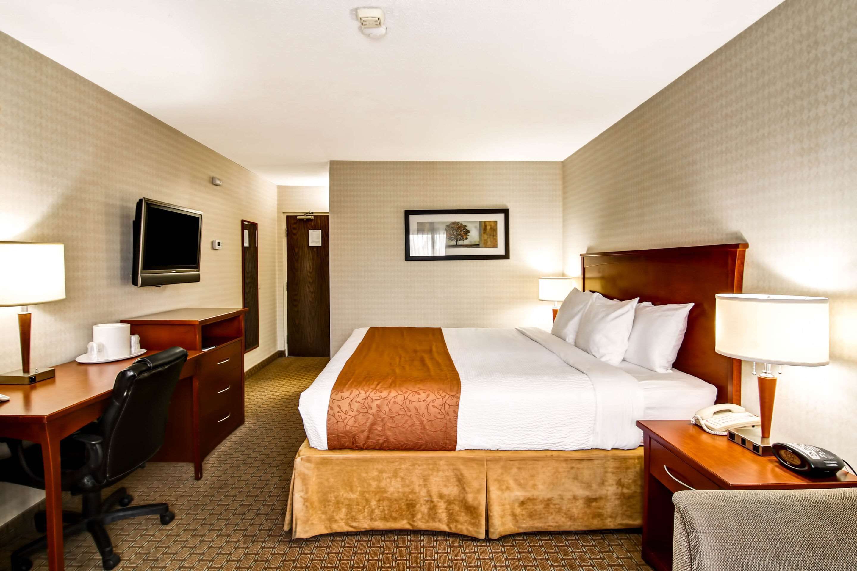 Una habitación de hotel con cama, escritorio, silla, televisor y teléfono.