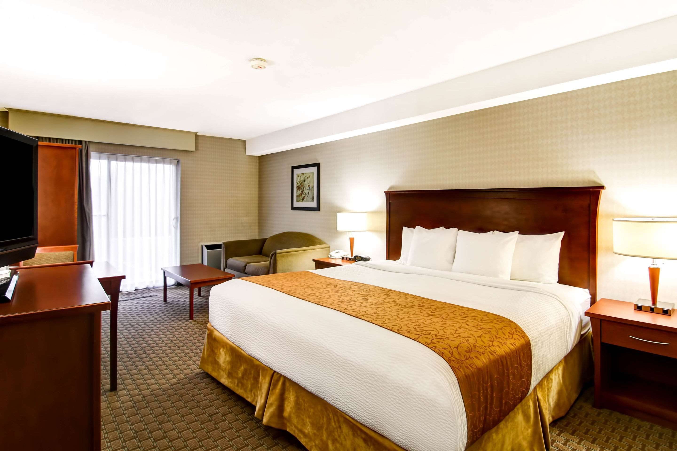 A hotel room with a large bed, a desk, a chair, a television, and a lamp.