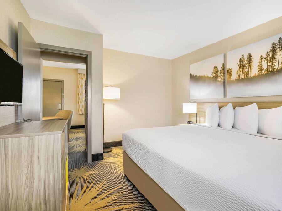 A hotel room with a large bed, a desk with a flat-screen TV, a wall-mounted TV, and a painting of trees.
