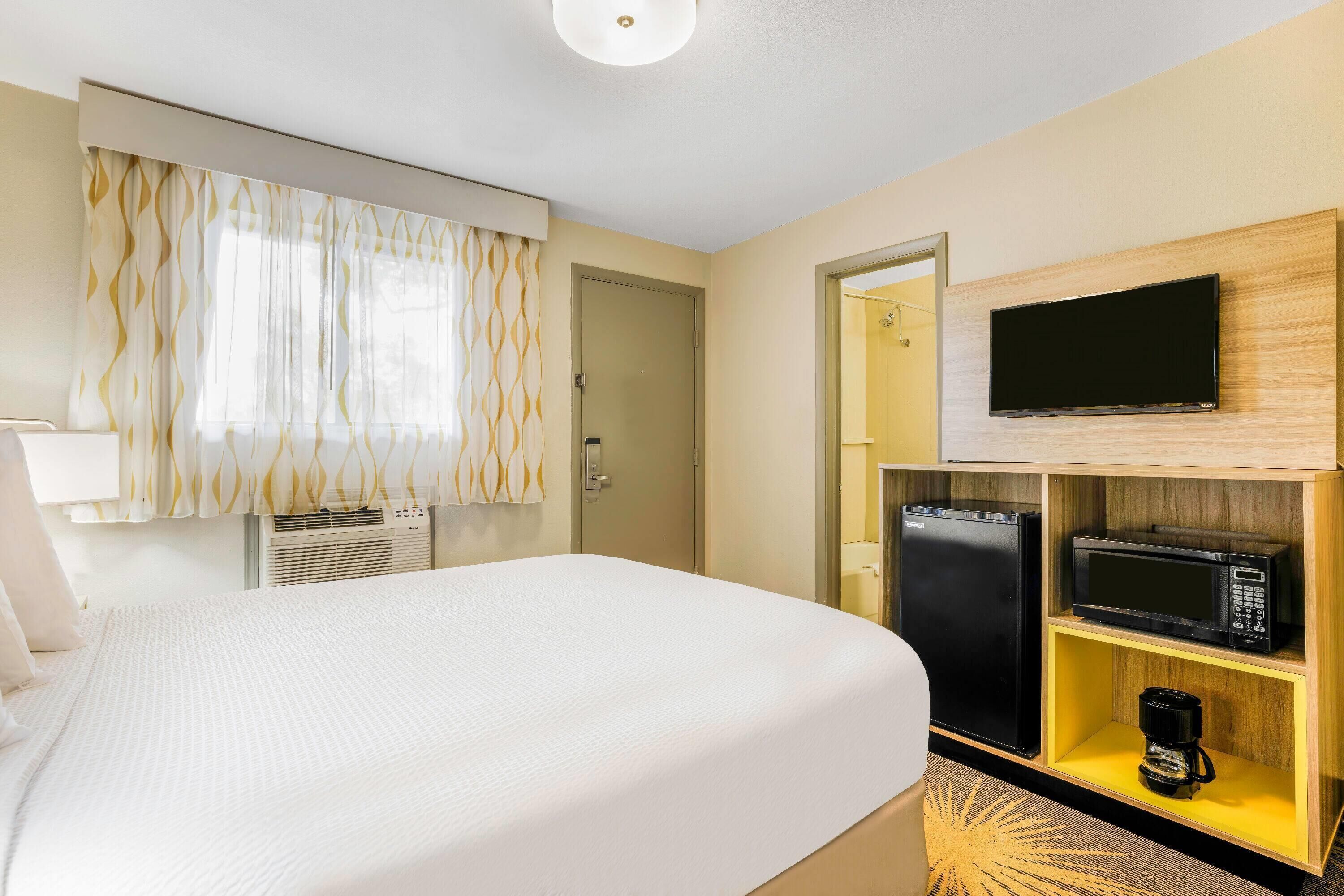 A hotel room with a bed, a television, a microwave, and a refrigerator.