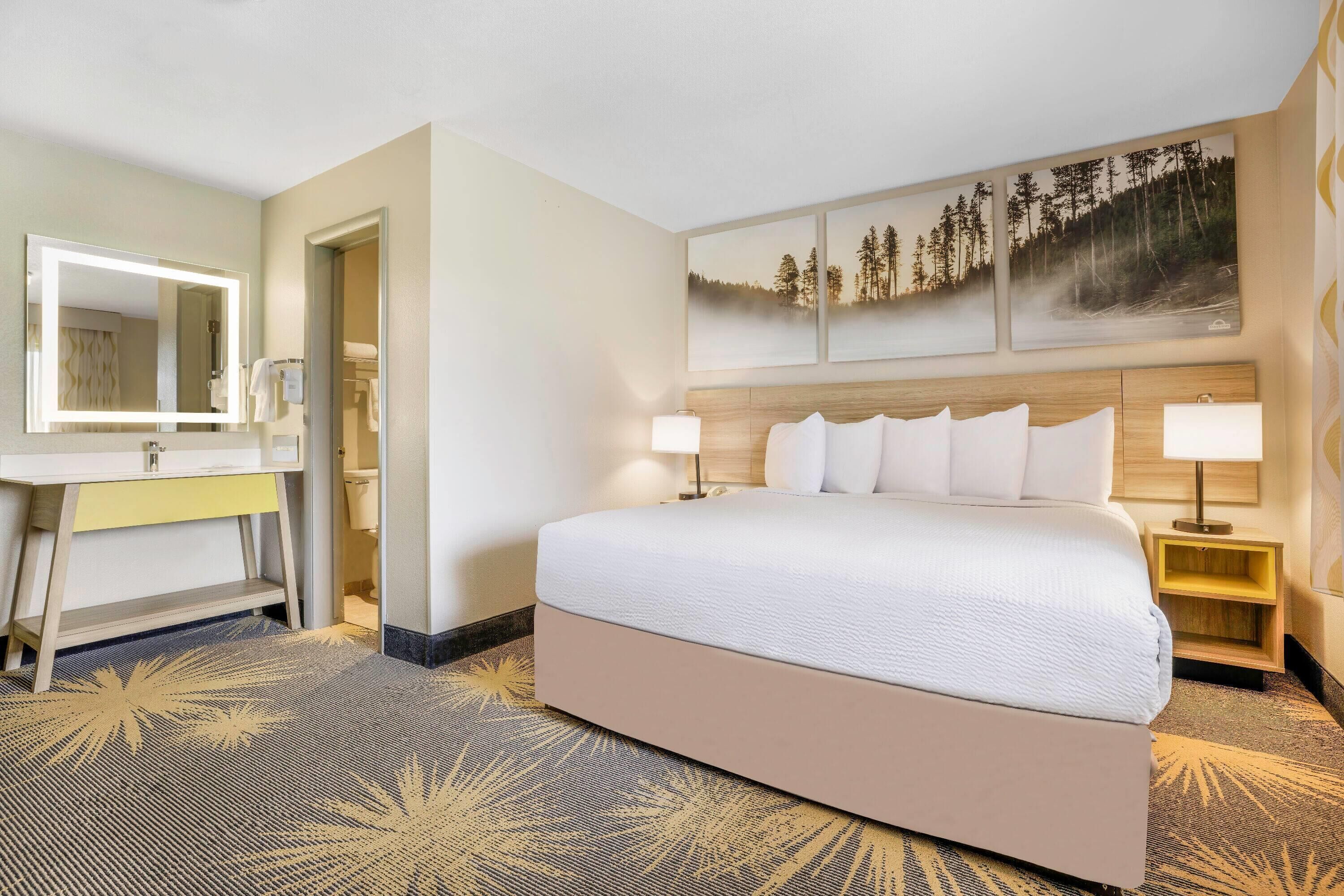 Una habitación de hotel con una cama grande, una mesita de noche con lámpara, un baño con espejo y un cuadro sobre la cama.