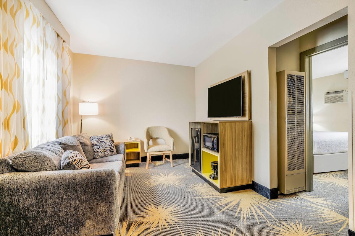 A hotel room with a sofa, armchair, TV, minibar, and a large window with curtains.