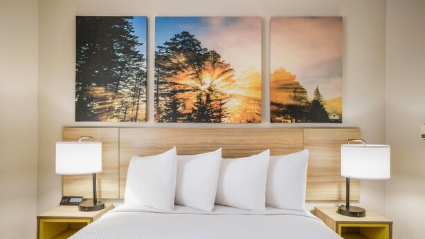 Ein Hotelzimmer mit einem großen Bett, zwei Nachttischen mit Lampen und einem an der Wand hängenden Kunstwerk, das eine Waldszene zeigt.