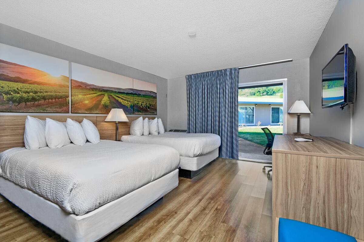 A modern hotel room with two beds, a desk, a TV, and large windows with a vineyard view.