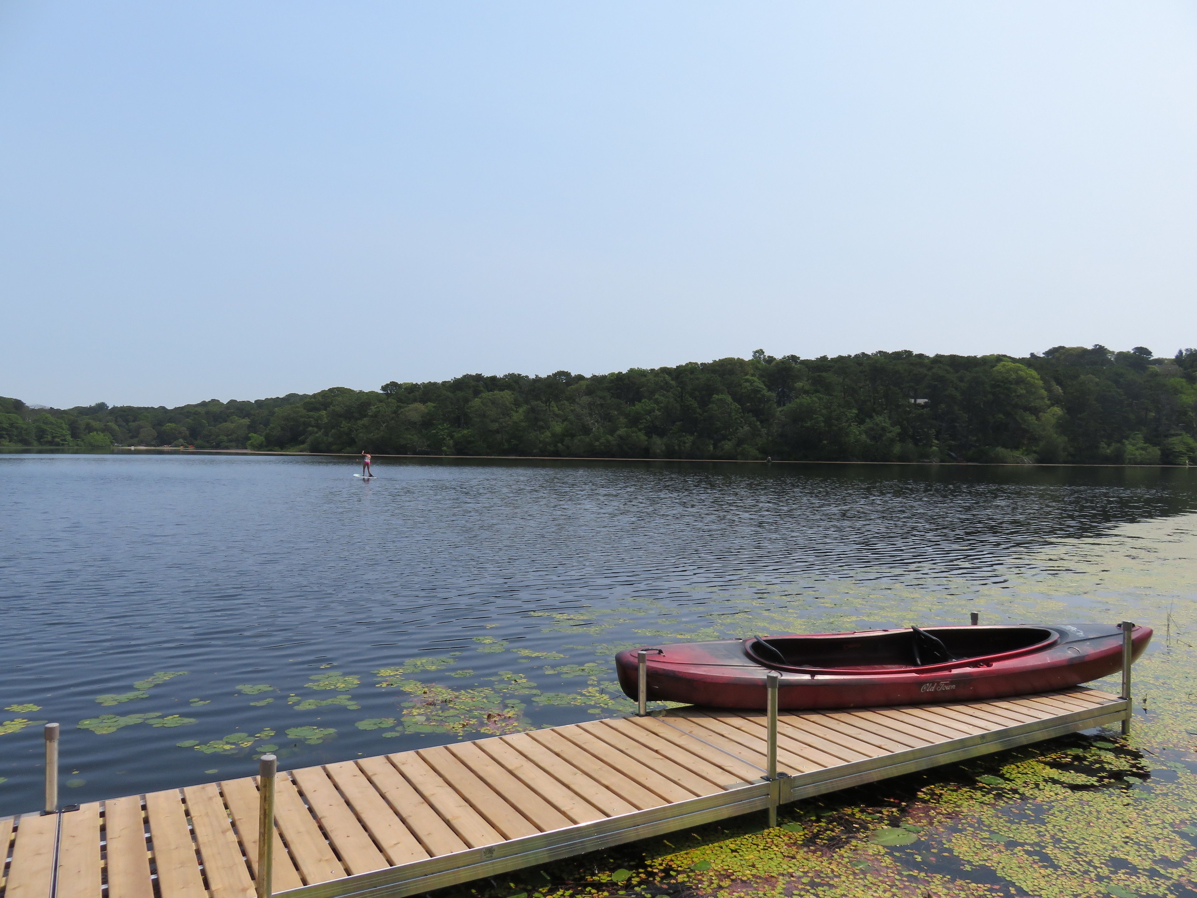 A wooden dock with a red canoe on it, extending into calm water with lily pads.
