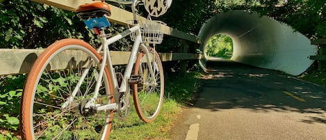 A bicycle parked by a wooden fence with a tunnel in the background.