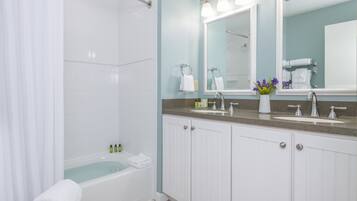 A modern bathroom with a bathtub, a shower, and a vanity with a sink and mirror.