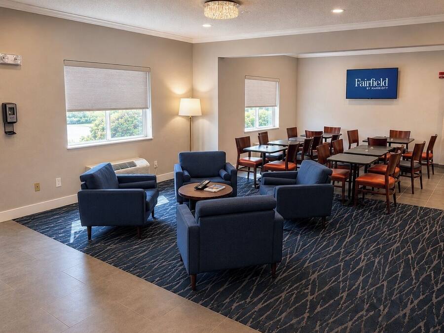 Um hall de hotel com áreas de estar, uma lareira e uma televisão exibindo o nome do hotel.