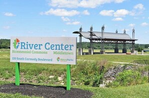 A sign for River Center, Bicentennial Commons, Middletown, 120 South Carmody Boulevard, MetroParks.