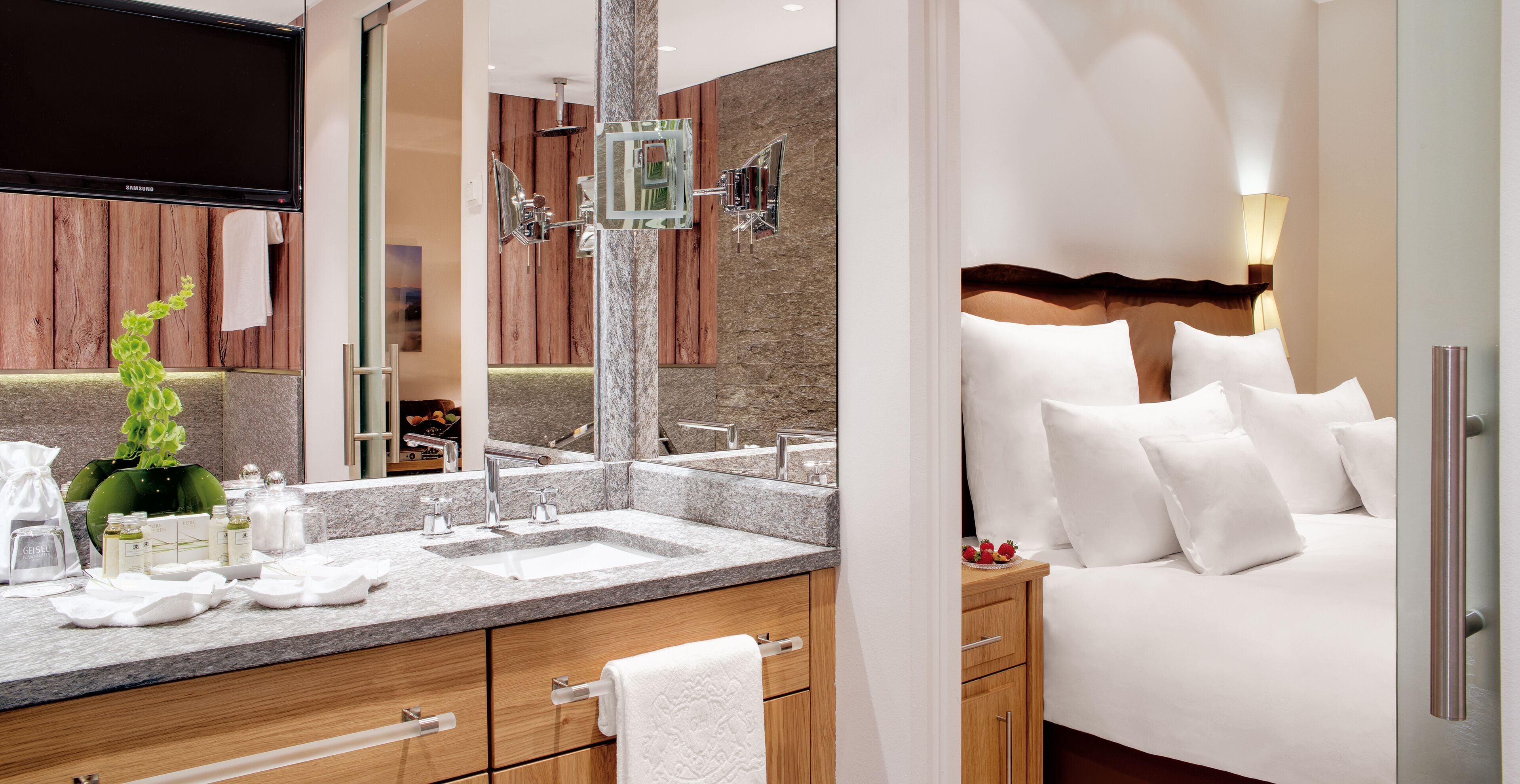alpine double room | bathroom | designer toiletries, hair dryer, bathrobes, slippers