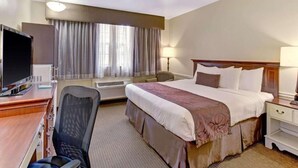 Una habitación de hotel con cama, escritorio, silla y televisor.