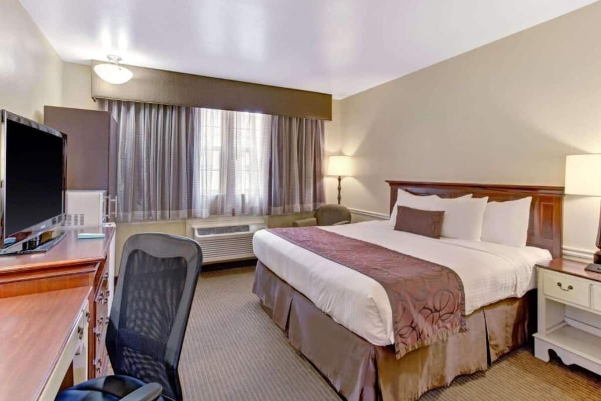 A hotel room with a bed, desk, chair, and a television.