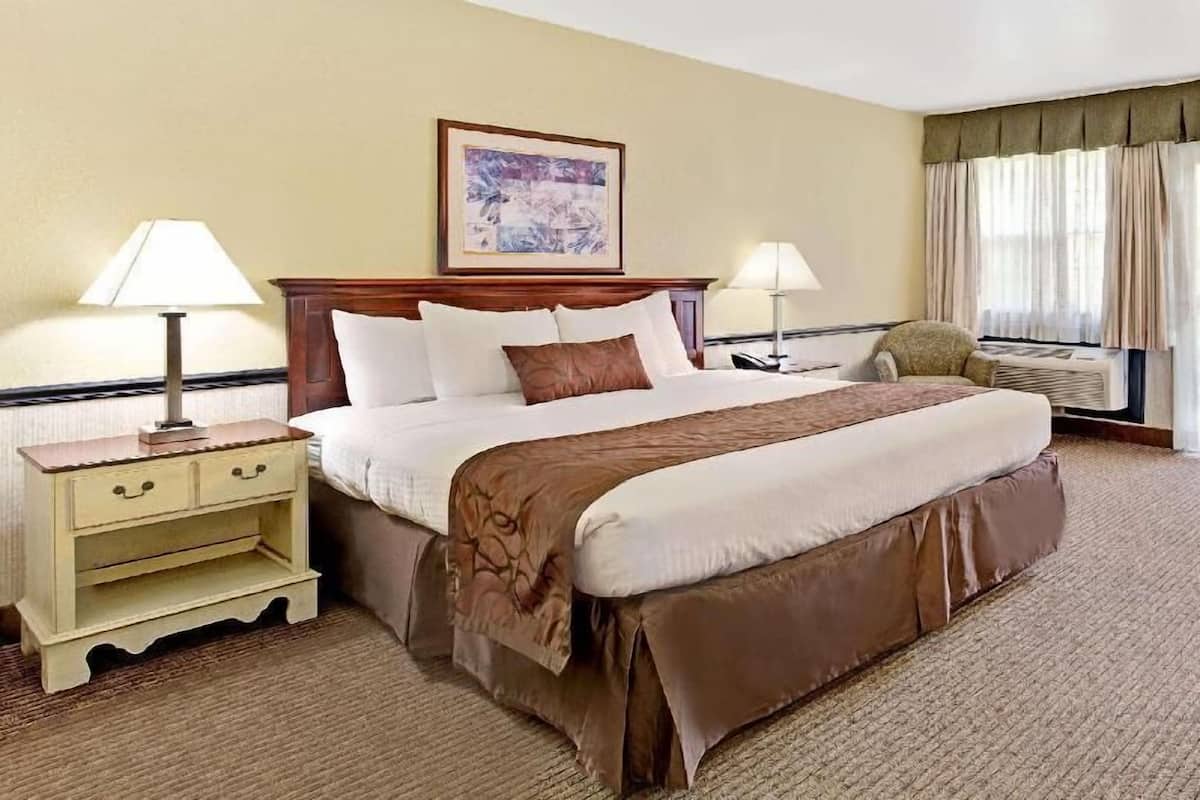 A hotel room with a large bed, two bedside tables, a chair, a window with curtains, and a framed picture on the wall.