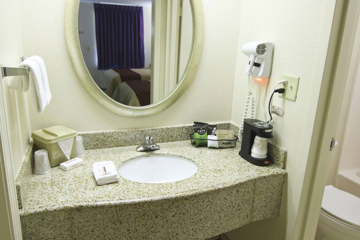 A hotel bathroom with a sink, mirror, hair dryer, and toiletries.