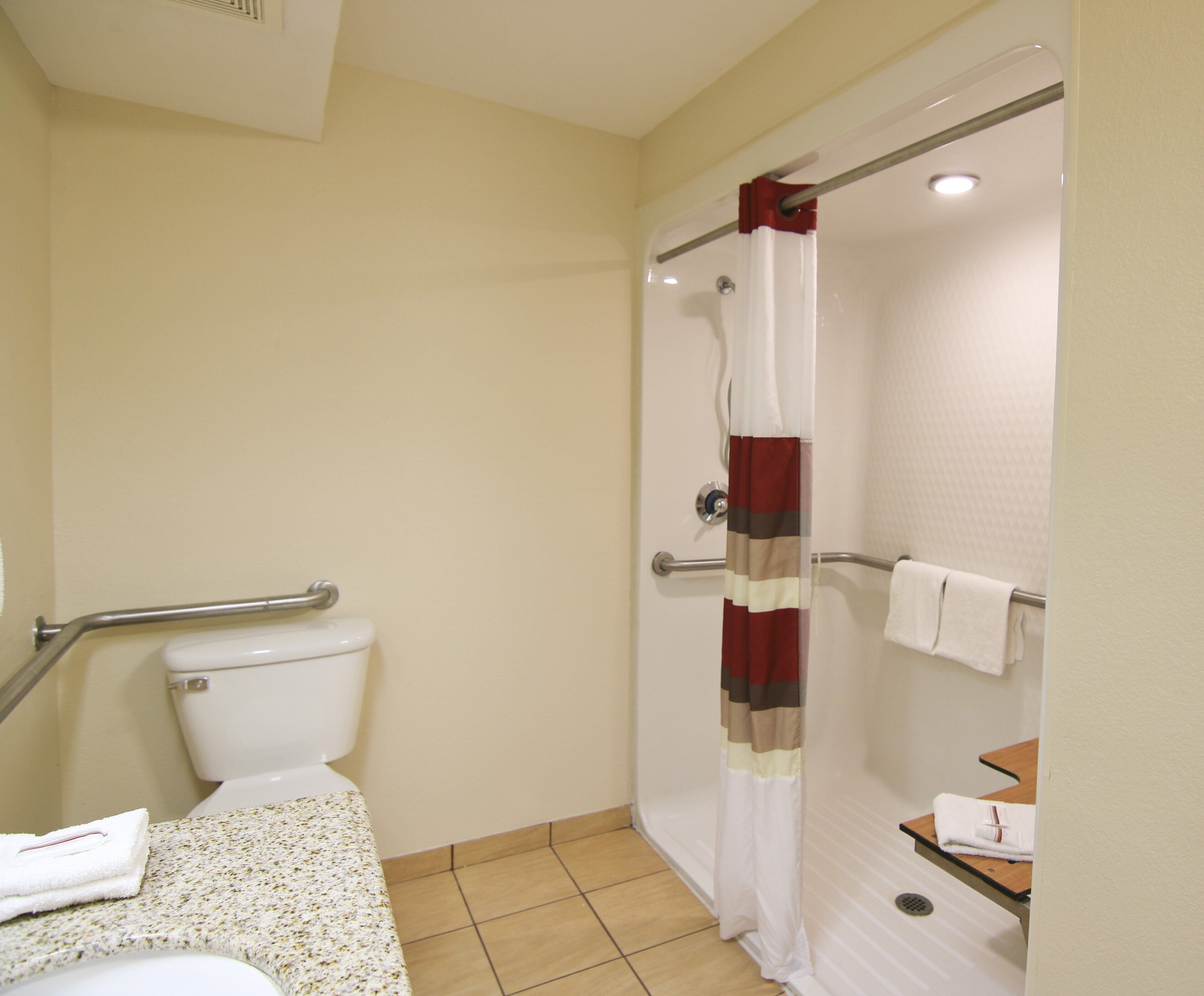 Ein Badezimmer mit Toilette, einer Dusche mit Haltegriff und einem Waschbecken.