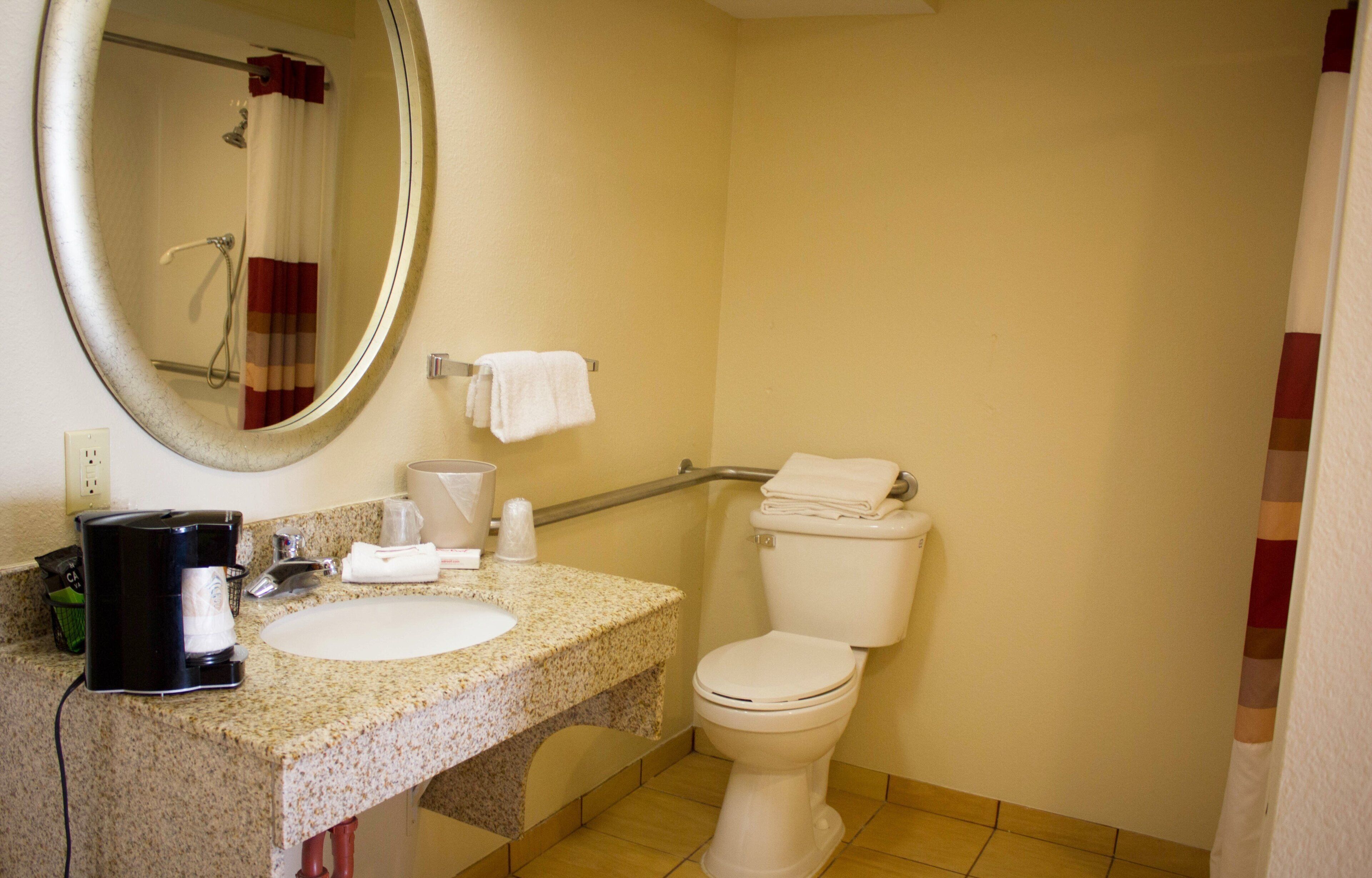 A bathroom with a sink, toilet, and a mirror.