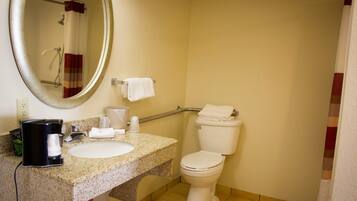 A bathroom with a sink, toilet, and a mirror.