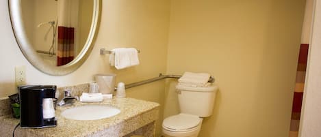 A bathroom with a sink, toilet, and a mirror.