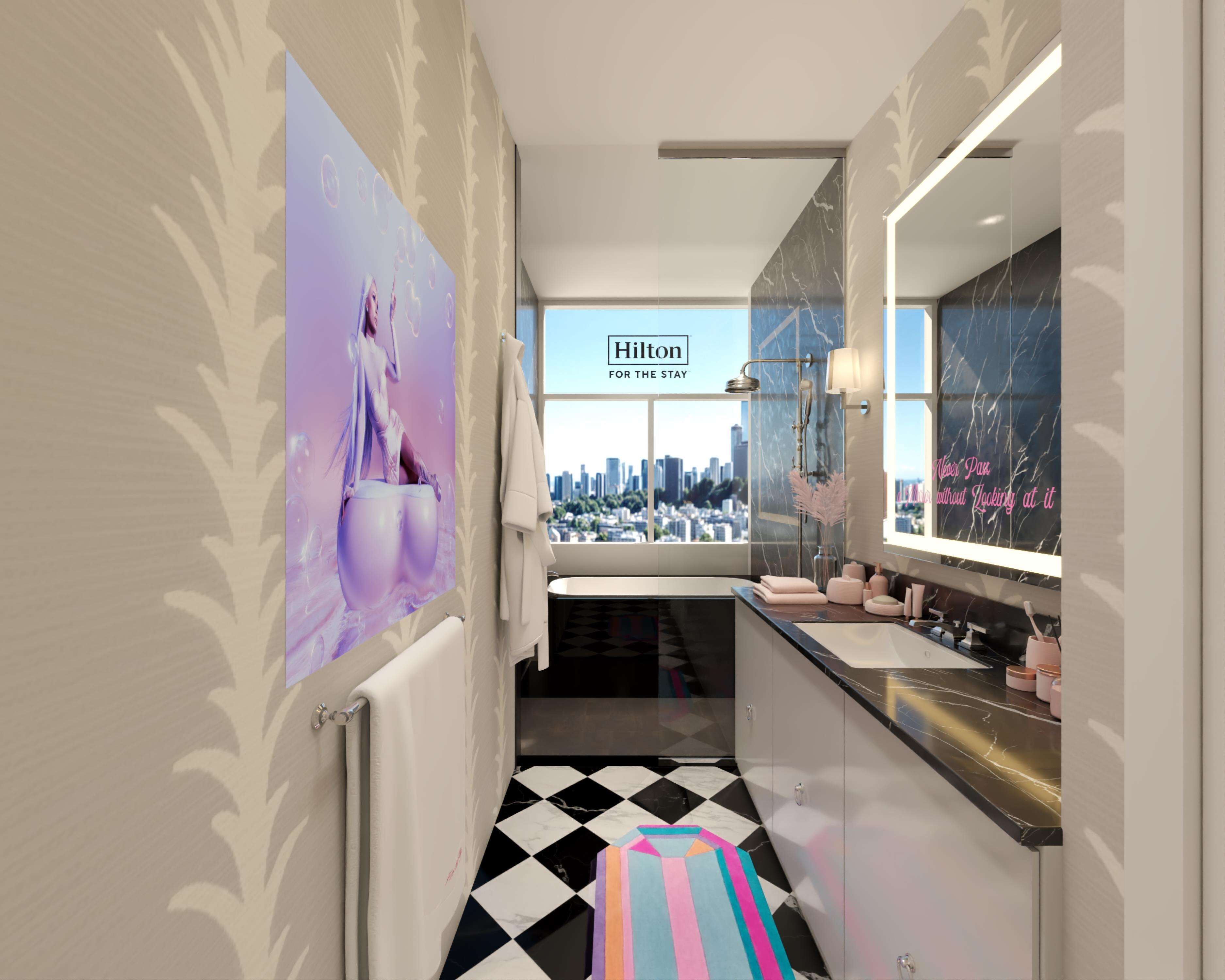 A modern bathroom with a city view, a large mirror, and a black and white checkered floor.