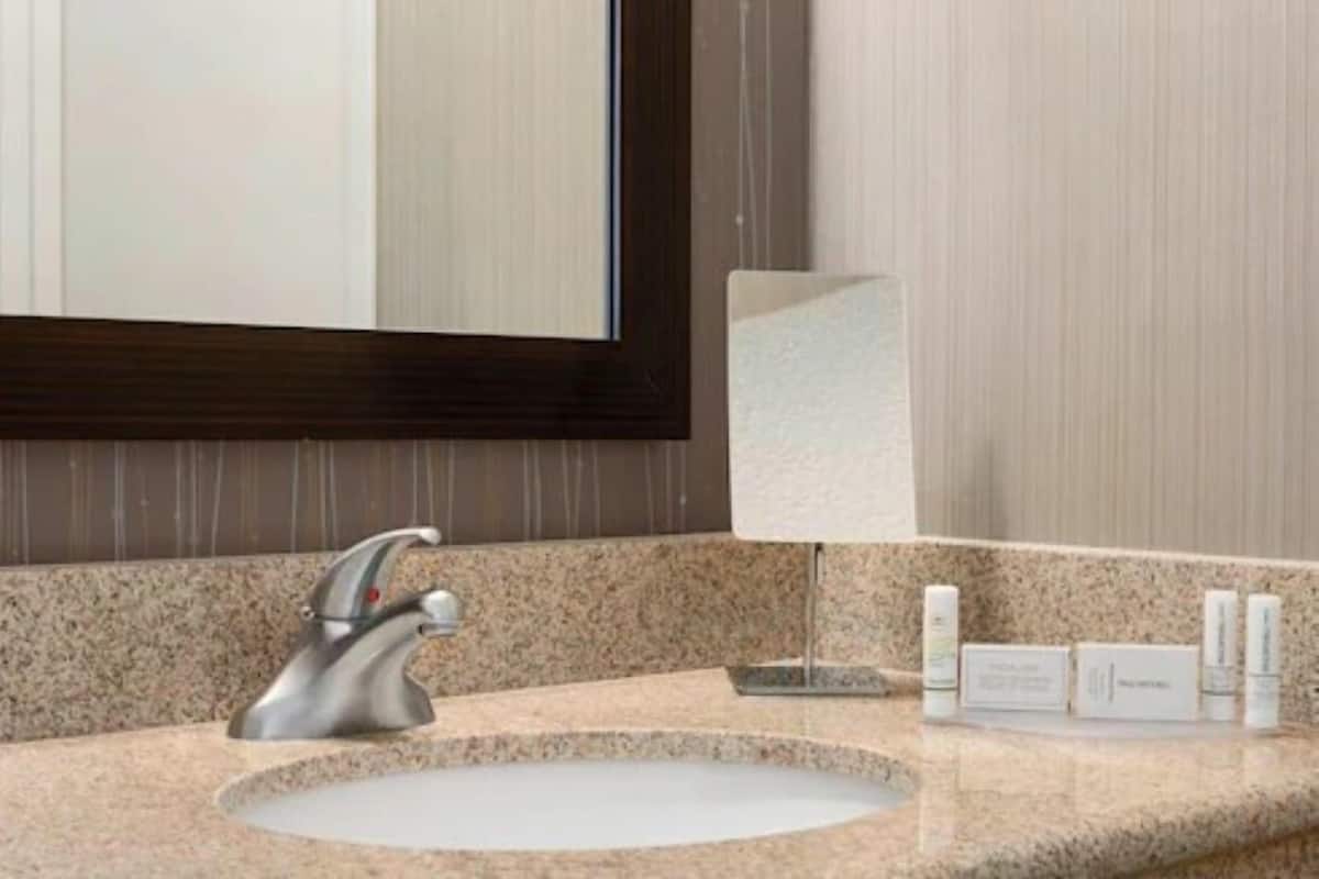 combined shower/bathtub, designer toiletries, hair dryer, towels