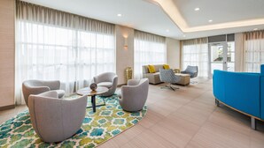 A modern hotel lobby with a curved ceiling, large windows with sheer curtains, a blue sofa, and a patterned rug.