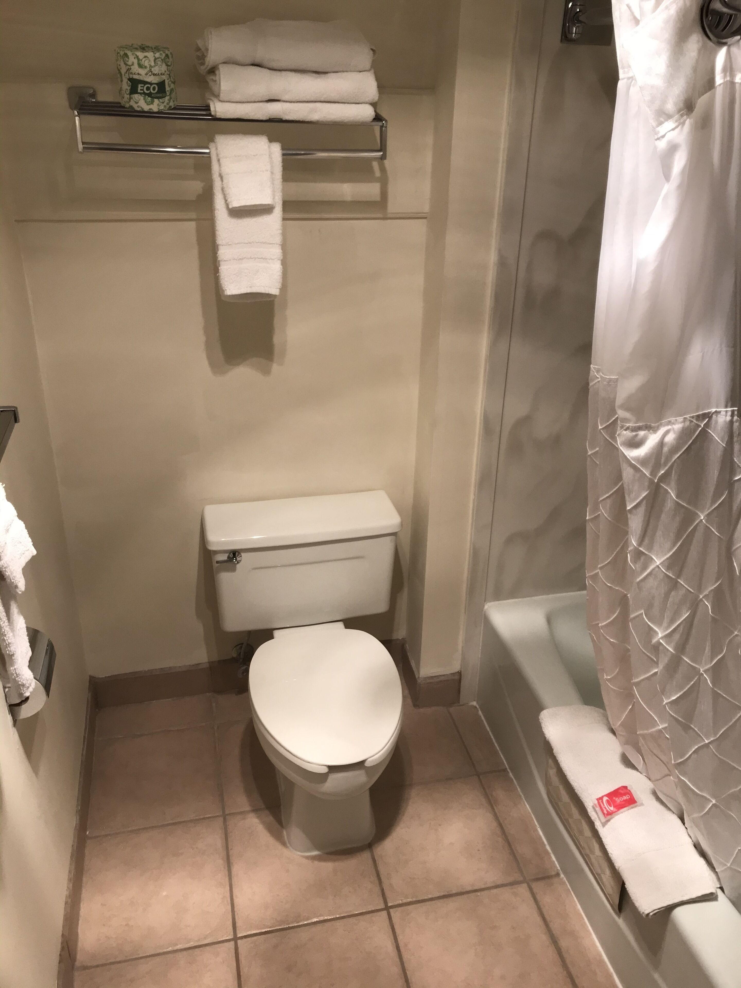 Une petite salle de bain avec des toilettes, une étagère où sont pliées des serviettes et un rideau de douche.