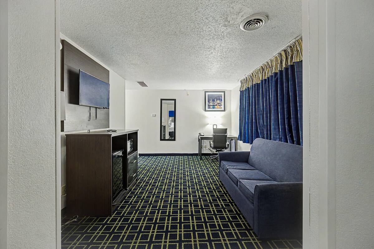 Une chambre d’hôtel avec une moquette à motifs, un canapé, un bureau avec une chaise, une télévision, un miroir et un tableau encadré au mur.