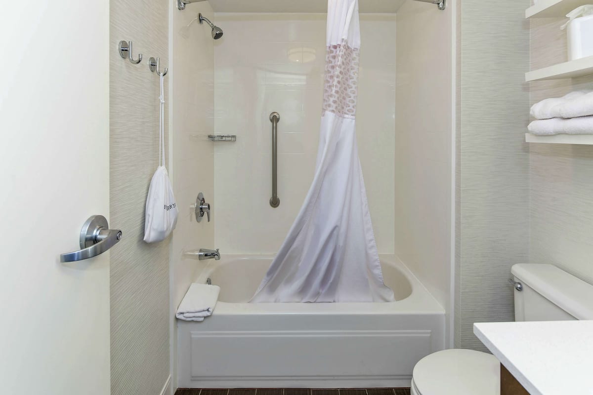 room, 1 king bed, accessible, non smoking (hearing, refrigerator and microwave) | bathroom | free toiletries, hair dryer, towels