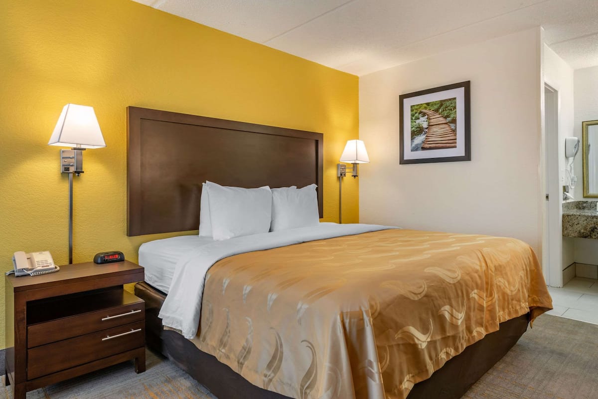 Habitación de hotel con cama, lámparas de noche, mesita de noche con teléfono y un cuadro en la pared.