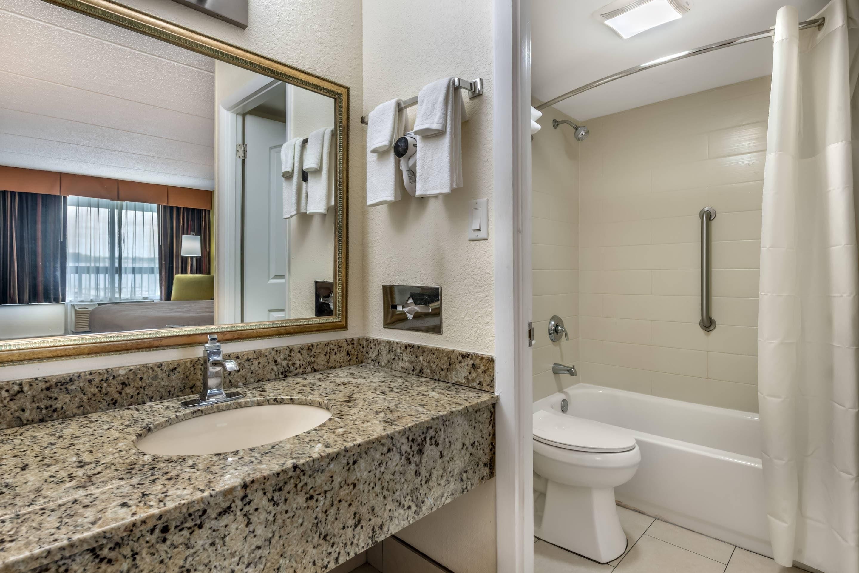 A bathroom with a granite countertop sink, a mirror, a toilet, and a shower area.