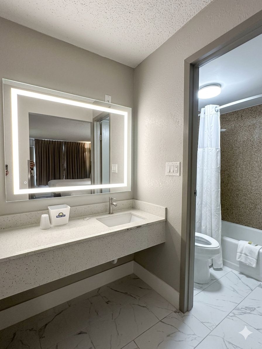 A bathroom with a large mirror, a sink, a toilet, and a shower curtain.