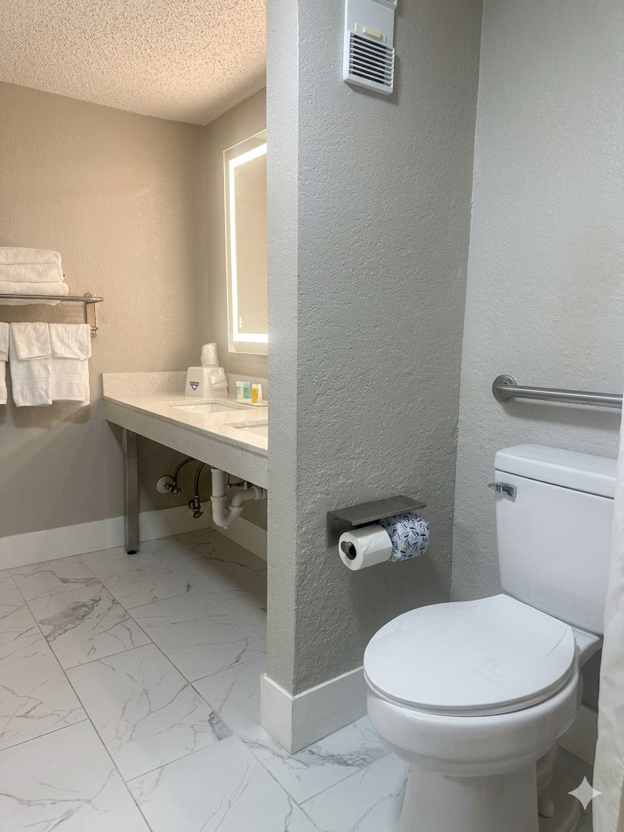 Un baño con inodoro, lavamanos y perchero para toallas.