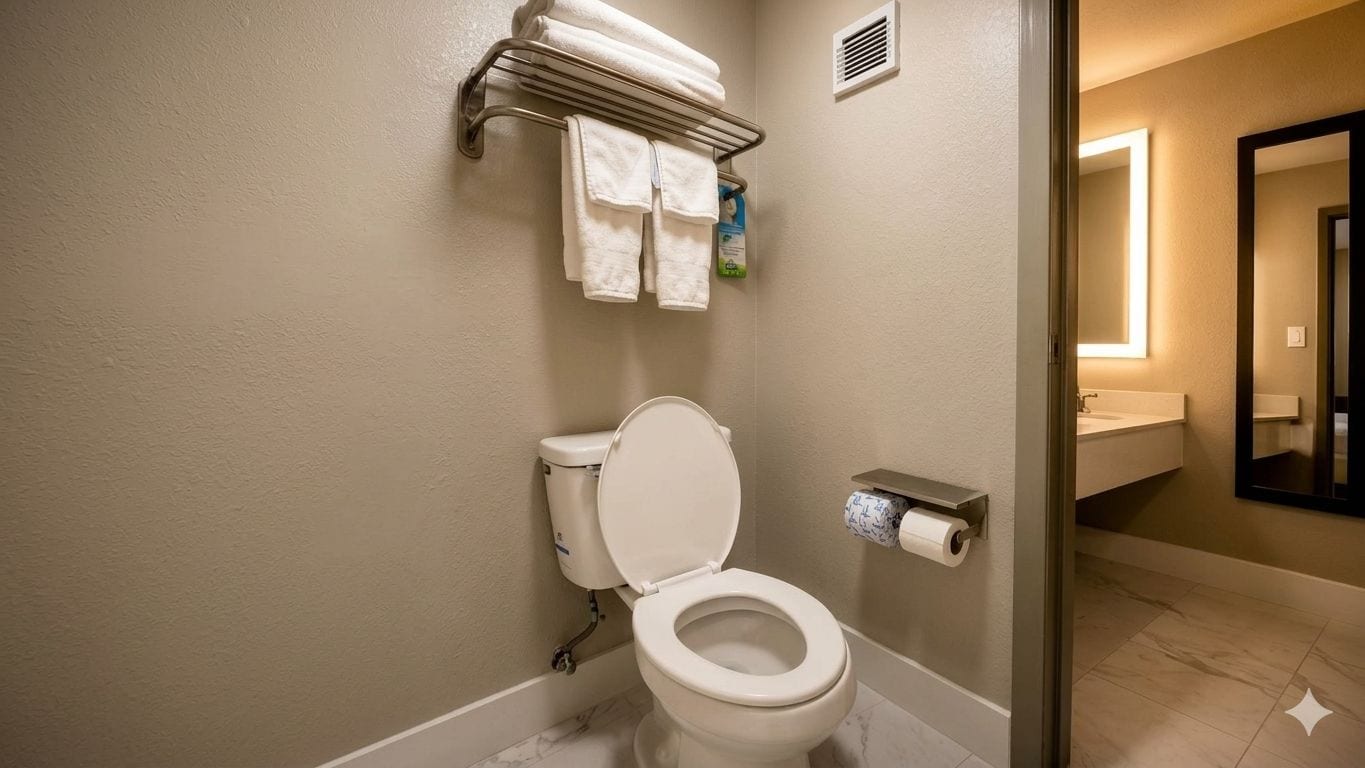 Un baño con inodoro, toallero con toallas dobladas y dispensador de papel higiénico.
