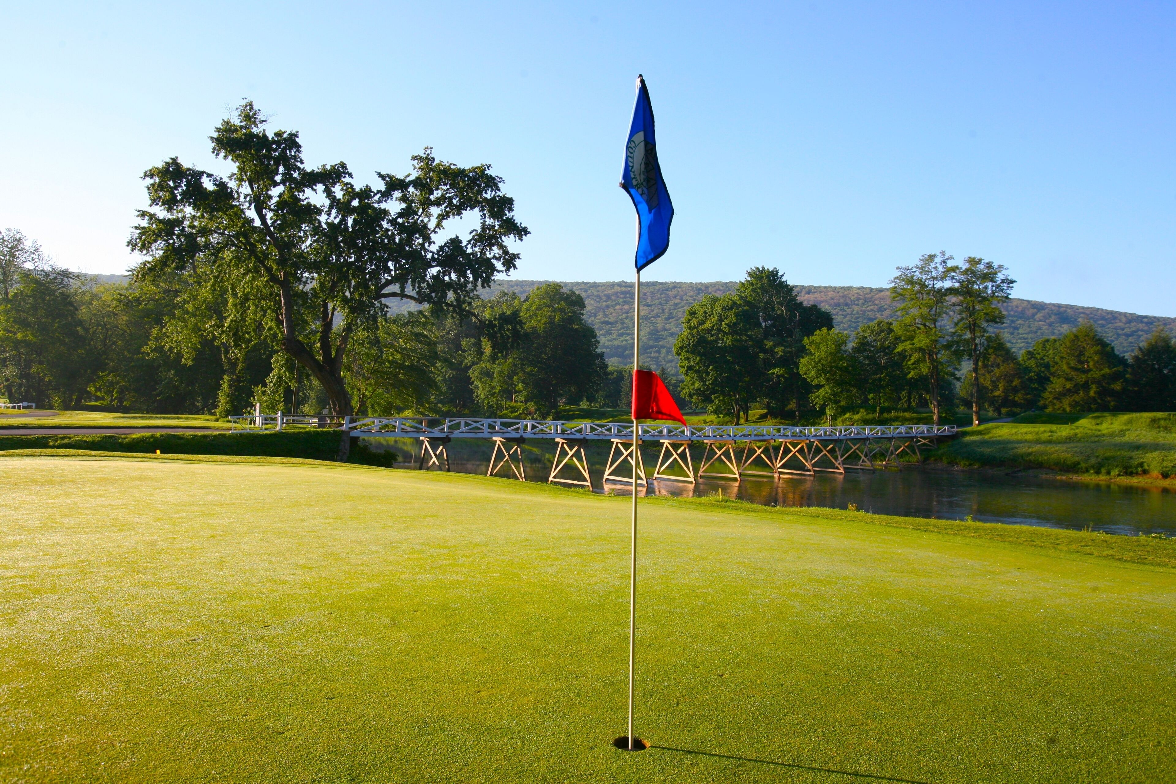 A golf course with a flag on a flagpole, a bridge in the background, and a body of water.