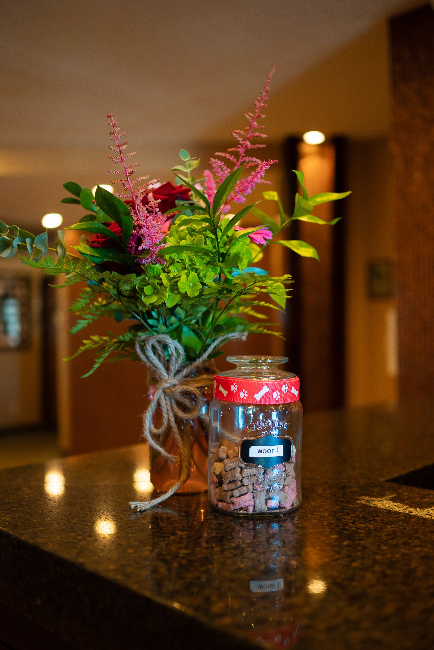 A glass jar with a red ribbon and a label that reads "WOOF!" on a countertop.