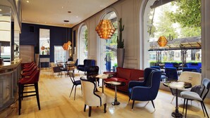 A modern interior with a bar area, seating arrangements, and large windows offering natural light and views. - The Westin Excelsior, Rome (Rome)
