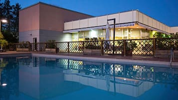 Outdoor pool, pool umbrellas, pool loungers
