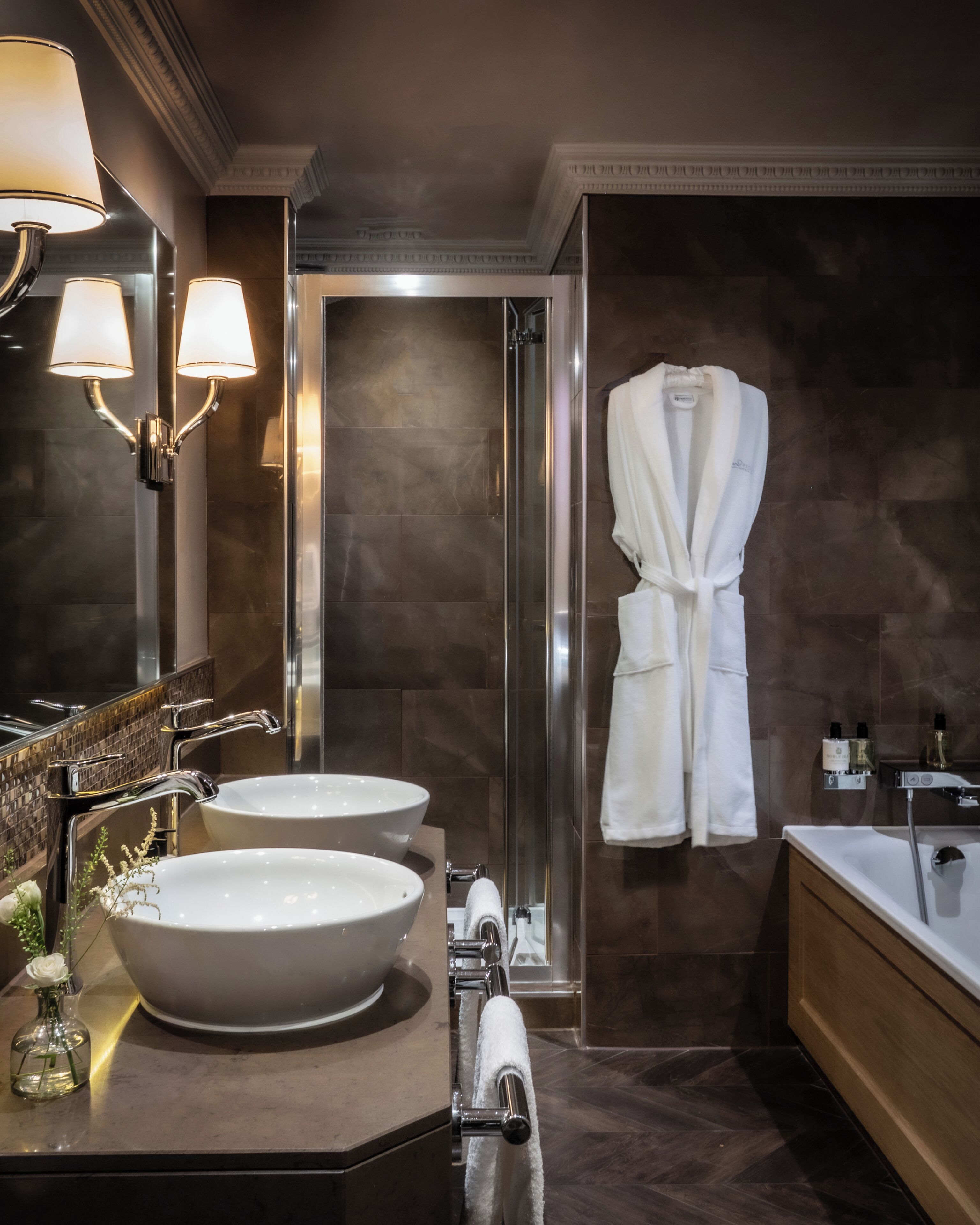 deluxe double room | bathroom | designer toiletries, hair dryer, bathrobes, towels