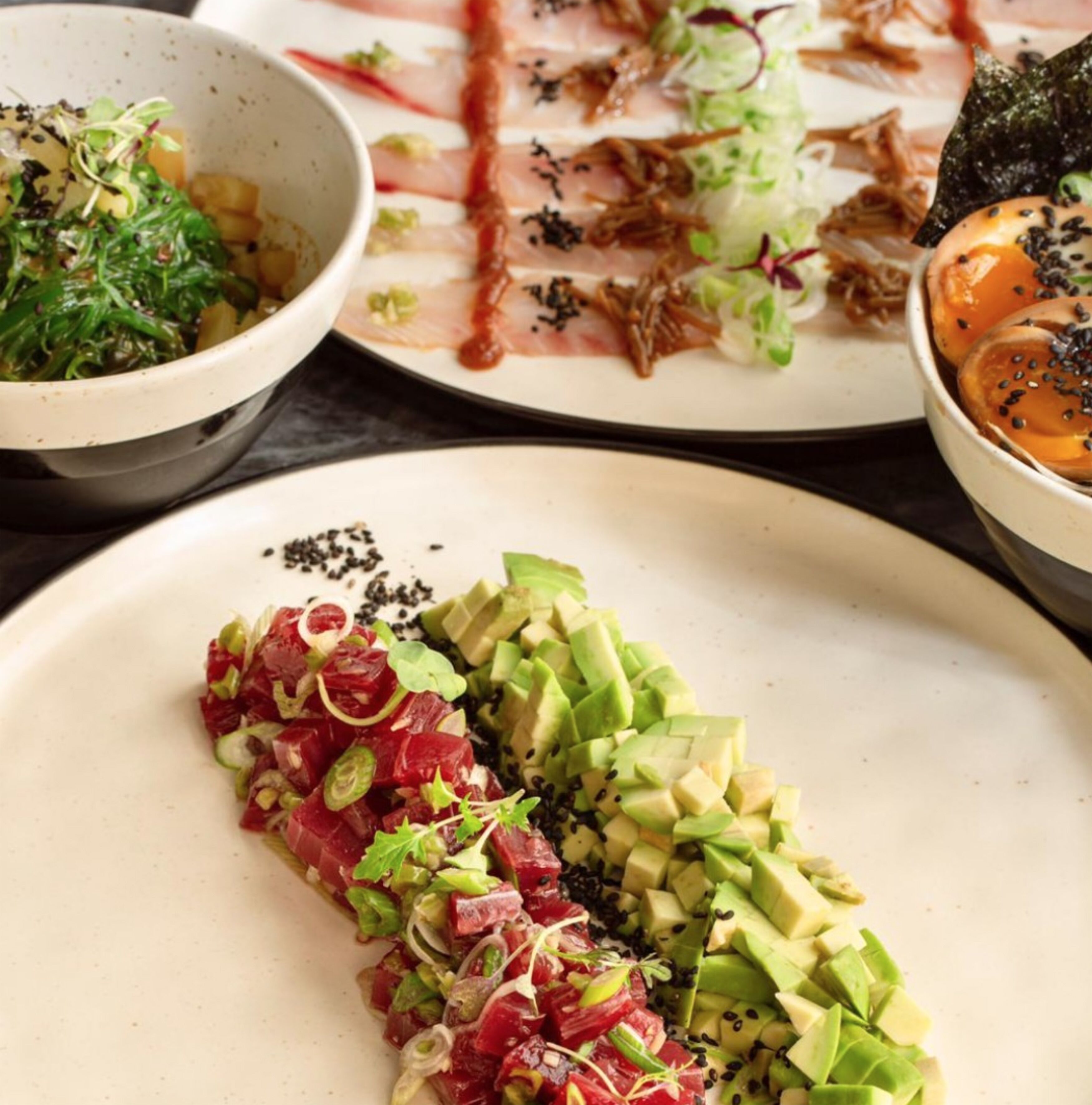 A variety of dishes including a salad with avocado and tuna, a plate with sliced meat, and a bowl with a green salad.