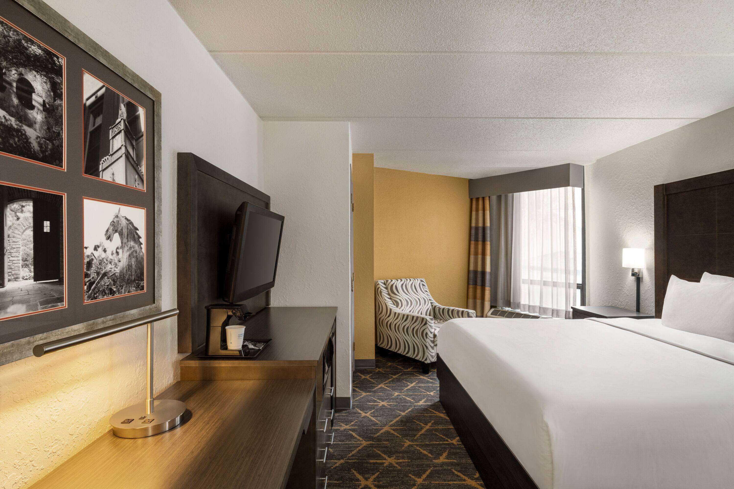 A hotel room with a bed, a desk with a lamp, a television, a chair, and a framed picture on the wall.