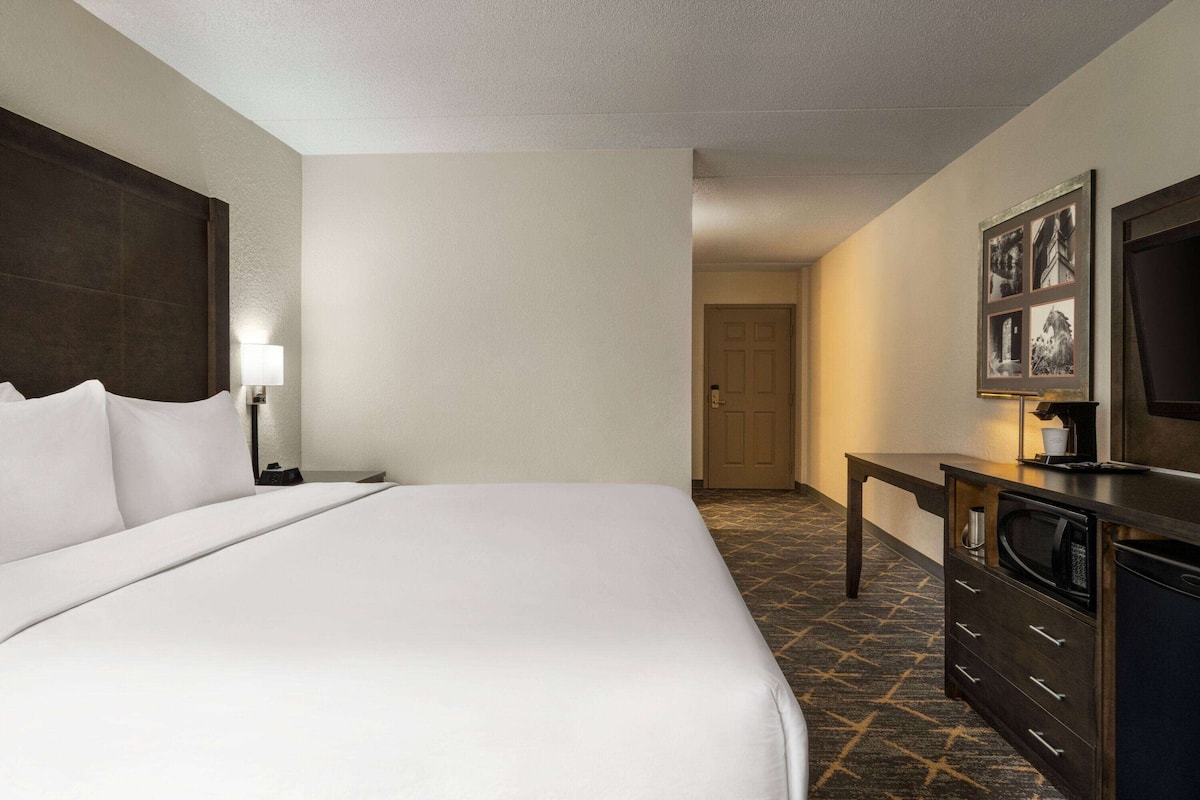A hotel room with a large bed, a nightstand with a lamp, a dresser, and a television.
